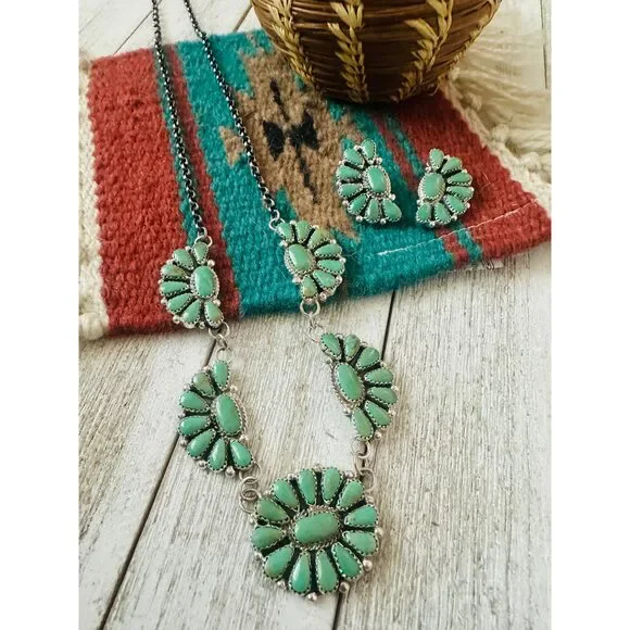 Navajo Sterling Silver & Turquoise Cluster Necklace and Earring Set - Picture 3 of 8